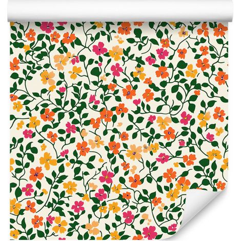Papel pintado con flores pequeñas en verde y crema para salón y dormitorio, 50x1000 cm. (1/5)