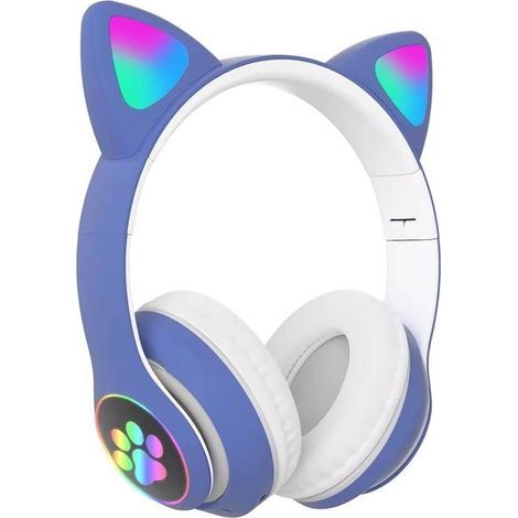 Longziming Kabellose Kopfhörer für Kinder – Katzenkopfhörer mit LED-Ohrhörern – Bluetooth-Kopfhörer – Bluetooth 5.0 – Hellgrün – Integrierte Beleuchtung – Zusammenklappbar – Blau und Weiß (1/5)