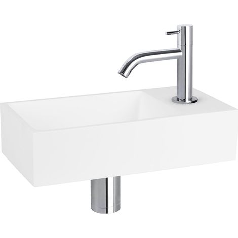 Differnz Solid kit lave-mains - 36x18.5x9cm - Rectangulaire - 1 trou de robinet - Robinet chromé courbé - Solid Surface blanche (1/5)