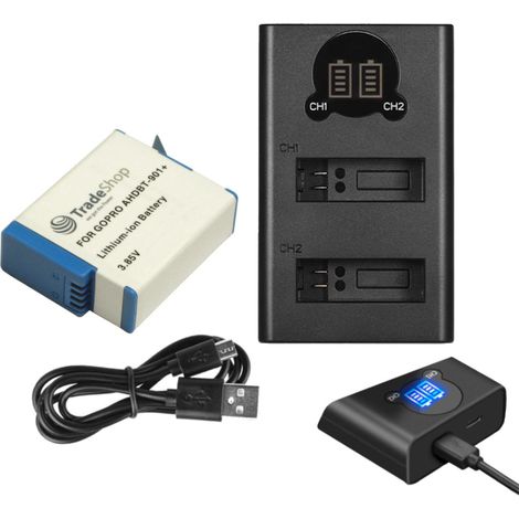 Trade-Shop 2in1 Set: Li-Ion Akku 3,85V 1900mAh + USB Typ-C Dual Ladegerät für GoPro Hero 9 Hero 10 Hero 11 Black ersetzt GoPro AHDBT-901, ADBAT-001 (1/3)