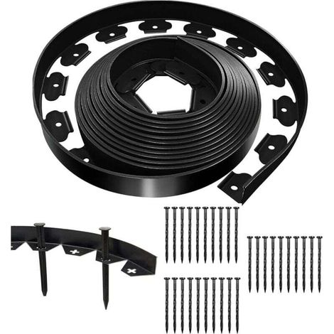 Bordo per prato flessibile nero 10 m x 5 cm con 30 chiodi di fissaggio, bordo per giardino esterno in plastica, rotolo di bordo per giardino (1/4)