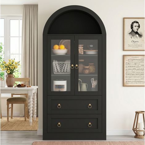 Credenza alta ad arco con ante in vetro, 80 x 36 x 170 cm, nera, con cassetti, OKWISH (1/5)