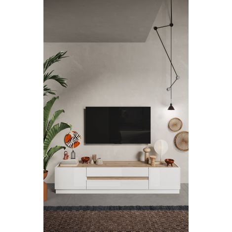 Calicosy – Meuble TV FIRENZE 2 portes 2 tiroirs – Blanc laqué – Chêne Cadiz – Dimensions 205 x 40 x 44 cm – Fabriqué en Italie (1/7)