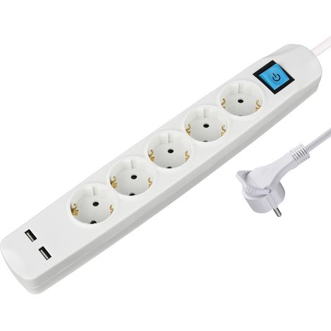 5-fach Steckdosenleiste mit zwei usb-Ladeanschlüssen und flachem Cee 7/7-Stecker, 1,5 m, weiß (1/5)