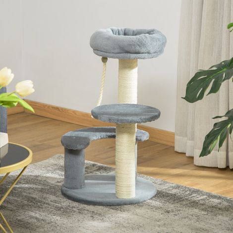 PawHut Katzenbaum mit 2 Kratzstämmen, Natur-Sisal, 3 Plattformen, Kletterseil, Maße: Ø 40 x 65 cm (H), hochdichter Plüsch (500 g/m²), Grau