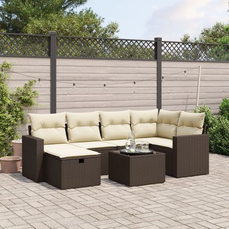 Ensemble Salon de Jardin 7 Places Marron Résine Tressée Canapé d'Angle Modulable avec Table Verre Trempé et Housse Lavable (1/4)