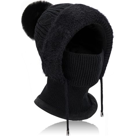 Ensemble bonnet et cache-cou 3 en 1 femme, chaud et multifonction, doublé polaire, noir (1/5)