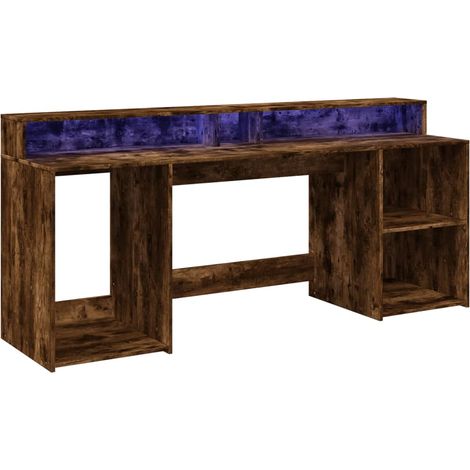 Escritorio de oficina puesto de trabajo mueble de ordenador mesa de estudio con luces LED roble ahumado 200 x 55 x 91 cm madera de ingeniería marrón 020023788 (1/5)