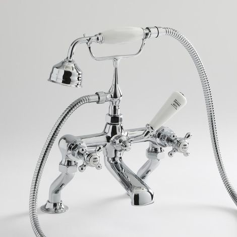 Hudson Reed – Mélangeur de baignoire rétro chromé et blanc – Commandes croisillons ergonomiques – Laiton massif durable – Douchette incluse 150 cm