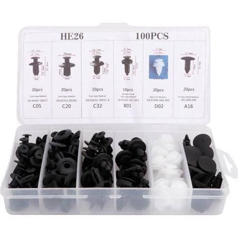 SABIR 100Pcs Rivet Clips Plastique Voiture- Clips d'Aile en Plastique Universels - Clips Voiture Attaches de Pare Chocs Clips à Rivets Kit de Remplacement Vis d'Expansion avec Étui de Rangement (1/5)