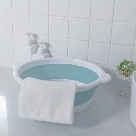 Lavabo pliable blanc rond bleu 26 cm de diamètre PP TPR, peu encombrant, idéal pour les voyages et les dortoirs (1/5)