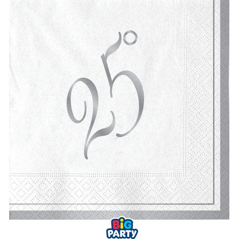 Big Party Tovaglioli Carta 25° Anniversario 25 x 25 Cm Cf 16 Pz Bianco Argento