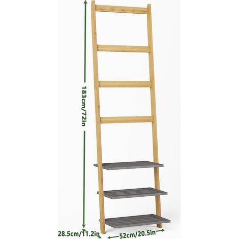 Sèche-serviettes en bambou, échelle décorative porte-vêtements autoportante pour salle de bain, 3 étagères, 4 barres et 5 crochets, finition naturelle, bois de bambou. (1/5)