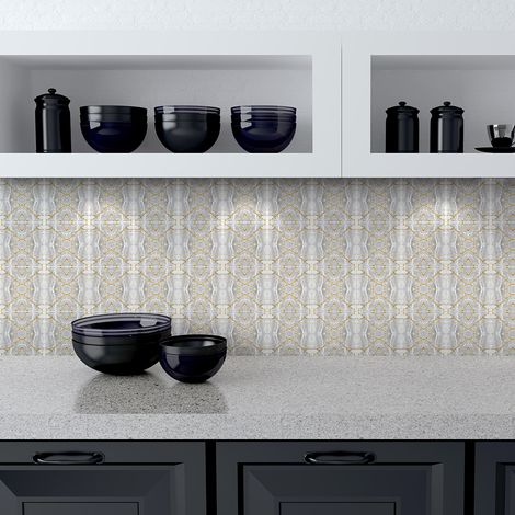Sticker Mural Carrelage adhésif Cuisine Salle de Bain - 9 STICKERS CARRELAGES EFFET MARBRE GRIS ET DORÉ - 9stickers10x10cm (1/5)