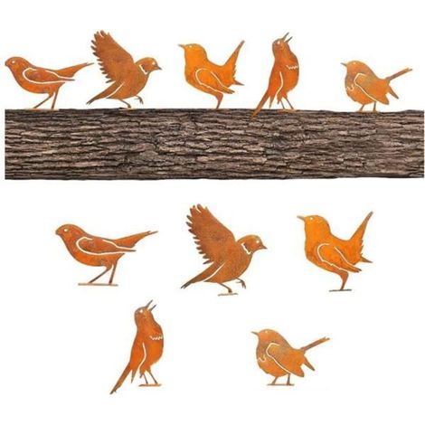 5 Rusty Bird Garden Decor Pieces for Trees, Natural Patina, Retro Flower and Titmouse Decoration.