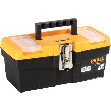 Perel caja de herramientas 6,8 litros, caja de herramientas compacta con bandeja extraíble, 2 organizadores en la tapa, cierre metálico, asa plegable, negro naranja 32 x 15,5 x 13,9 cm