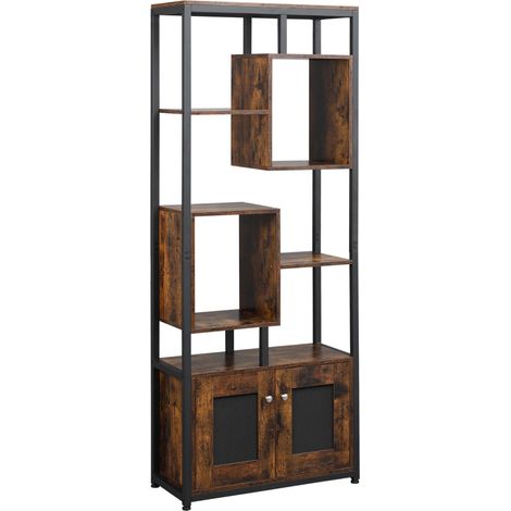 Bibliothèque de style industriel à 2 portes, étagère à 8 niveaux peu encombrante pour la maison et le bureau, 70 x 30 x 180 cm, marron