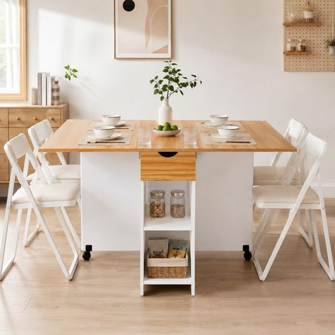 Table à Manger Pliante pour 4 à 6 Personnes, Table Pliante avec tiroir et 2 étagères Ouvertes pour Petits espaces, Salle à Manger, Cuisine, 120 x 72 x 75 cm, Blanche et chêne Rouge (1/5)