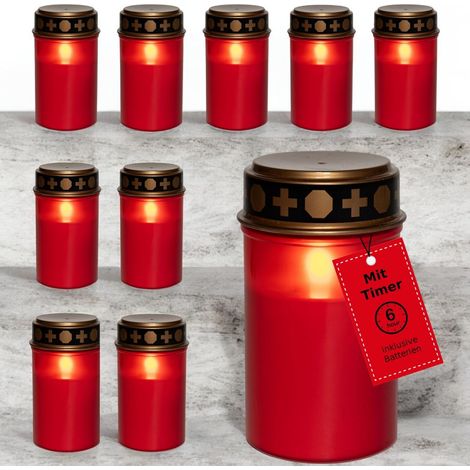 Bougies funéraires LED Novaliv avec batterie et minuterie 6/18 rouge 10 pièces Bougies LED avec piles Bougies funéraires Bougies de cimetière Bougies