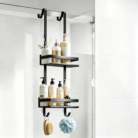 Estante colgante de ducha de 2 niveles, no requiere perforación, cesta negra, organizador de baño, soporte para champú, jabón y gel para cabina de ducha