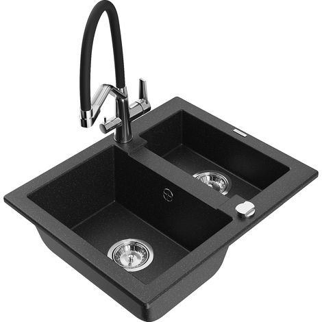 Mexen Carlos 1,5-Becken-Granitspüle mit Mischbatterie Duo, Schwarz/Silbermetallic - 6518-73-671701-0