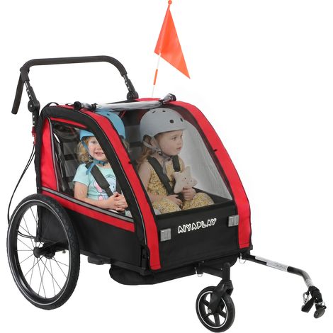 Remorque vélo enfant - AIYAPLAY - 2 en 1 - poussette 2 places - guidon réglable - métal et Oxford - 151x77x105cm - rouge