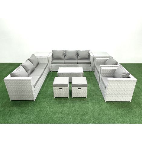 Fimous Salon de Jardin en rotin avec 2 Fauteuil Table basse oblongue 2 Petits tabourets 2 Tables d'appoint Gris clair mixte (1/5)