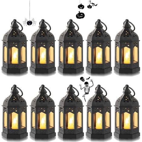 Mini Lanterne LED Exterieur - Lot de 10 Lanterne Bougie Noir Decorative Bougeoir pour Halloween, Ramadan, Mariage, Noel, Decoration de Table, Piles Incluses (1/4)