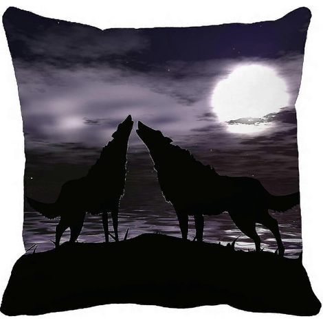 Housse de coussin décorative « Deux loups dans le ciel nocturne avec pleine lune », 45 x 45 cm (1/5)