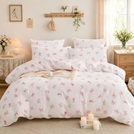 Parure de lit réversible en microfibre avec 1 housse de couette de 200 x 220 cm et 2 taies d'oreiller de 80 x 80 cm, motif nœud papillon blanc et rose pour fille (1/5)