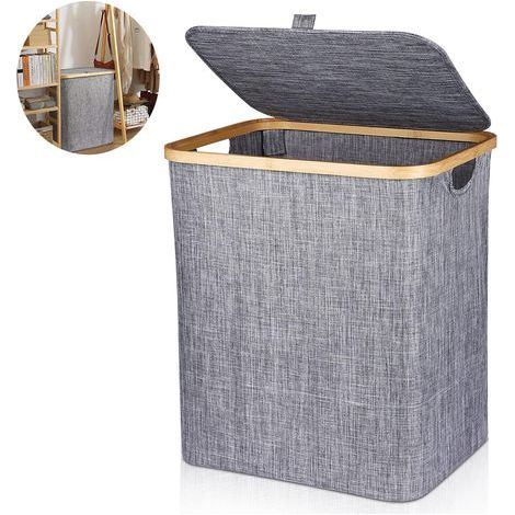 60L Laundry Basket Foldable Laundry Hamper Bamboo Laundry Basket Laundry Box with Lid & Handle, Rectangular Dirty Laundry Basket for Dirty Clothes, 40X33X45CM Dark Grey
