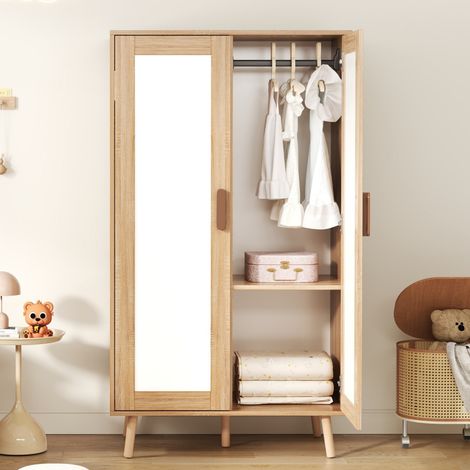 Armoire 2 portes 80x46x141,5 cm avec penderie et étagère, MDF blanc et bois naturel