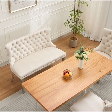 Panca da pranzo a 2 posti in velluto beige con gambe in acciaio inox spazzolato e capitonné (1/5)