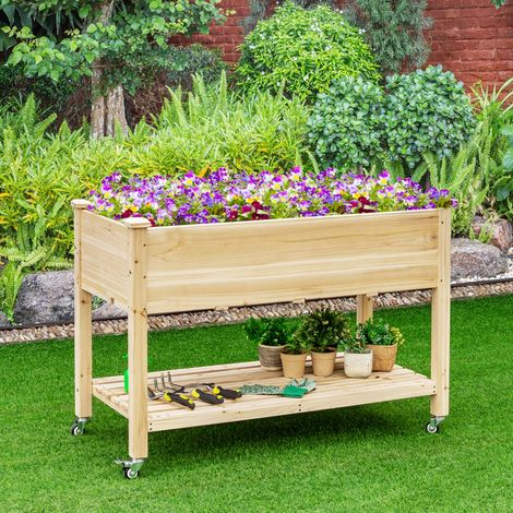 Jardinière sur pieds en bois de sapin 120x59x84 cm potager sur roulettes avec doublure protection CWXT1042 DESIGN IN (1/4)