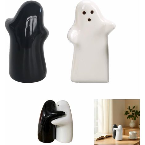 Ensemble de salière et poivrière fantômes en céramique – Motif couple enlacé noir et blanc, distributeurs d'assaisonnement rechargeables et faciles à utiliser, décoration de cuisine mignonne et origin (1/5)