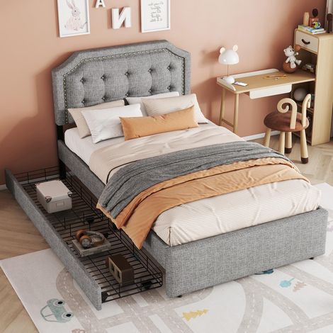 Letto singolo imbottito 90x200 cm, tessuto lino, con testiera regolabile in altezza, 2 cassetti, rete a doghe, letto bambino stile classico - grigio