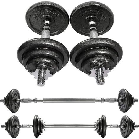 Haltère réglable fonte 20 kg - set disques avec 2 barres et verrous, musculation fitness