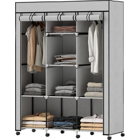 Stoffkleiderschrank. Stauraumlösung. 8 Regalböden. 2 Kleiderstangen. Grau.