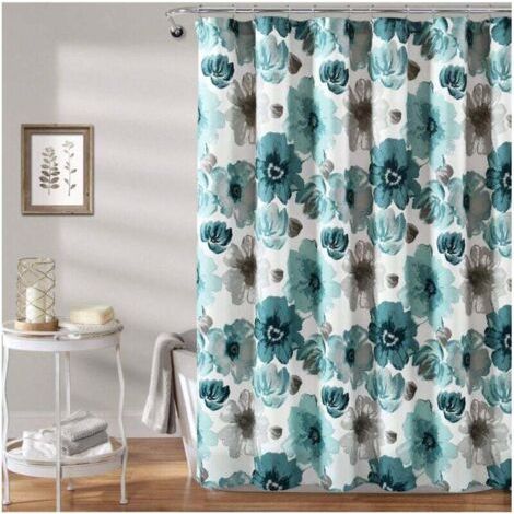 QORVA-Rideau de douche fleuri, 180 x 180 cm, bleu – Rideaux de douche en tissu – Rideau de salle de bain botanique aquarelle – Décoration de style campagnard et français