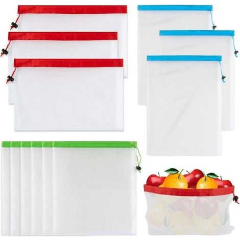 Lot de 12 sacs réutilisables en maille pour fruits et légumes avec cordon de serrage, pour conserver la fraîcheur des fruits et légumes au réfrigérateur, des jouets et des courses