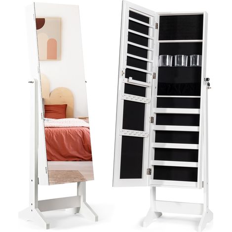 Armoire à bijoux blanche sur pied en MDF avec miroir pleine hauteur réglable et rangement verrouillable pour chambre dressing et (1/5)
