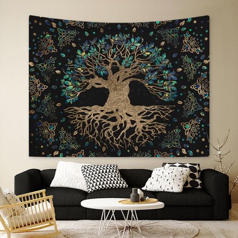 Tapiz colgante de pared con diseño del árbol de la vida (130 x 150 cm), ideal para decoración de la naturaleza, colcha o manta para el hogar, sala de estar, dormitorio (A) (1/4)