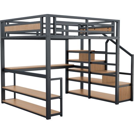 Cama alta metálica 140 x 200 cm negra con escalera de almacenamiento, estantes y escritorio MODENUIT (1/5)