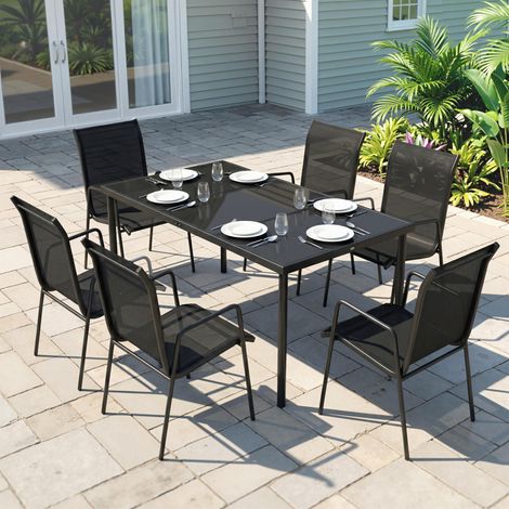 Ensemble de mobilier de jardin pour 6 personnes, table et chaises avec chaises empilables en textilène, 70 x 51 x 87 cm, noir (1/5)