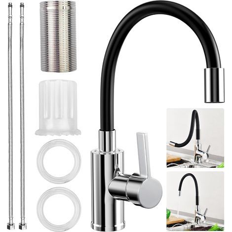 Flexibler Küchenarmatur, schwarzer, um 360° drehbarer Küchenmischhahn aus Edelstahl mit flexiblem Auslauf, Hochdruck-Einhebelmischer für die Küchenspüle mit wassersparendem Perlator (1/5)