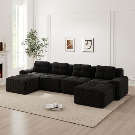 Boneless Sofas für Wohnzimmer, Modulares Sofa mit U-förmiger Chaiselongue, 4-Sitzer Bequem Polstertes Tiefsitz Corduroy-Cloud-Sofa, Montagefreies Sofa, Rutschfestes Design, Schwarz 
WL