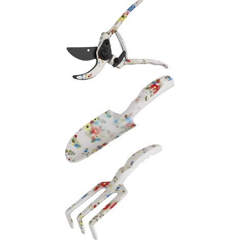 Set da giardinaggio 3 pezzi in alluminio multicolore con cesoie, paletta e rastrello manuale (1/4)