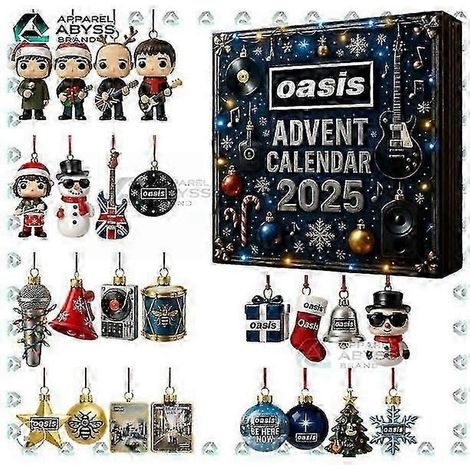 Calendrier de l'Avent surprise Oasis sur le thème du rock britannique avec décorations de sapin de Noël (1/5)
