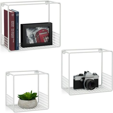 Étagère à Suspendre Lot de 3 Cubes, Support Mural, Meuble Rangement, Grille Grillage, 15 cm, métal, Blanc, Acier, 1 élément (1/5)