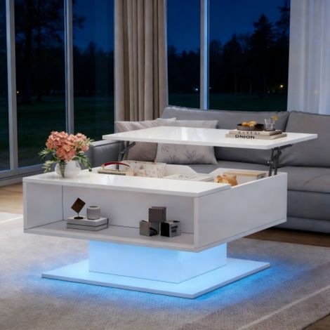 Table basse avec mécanisme hydraulique, Table de salon finition haute brillance, Table de salon avec rangements, Table d'appoint ergonomique p